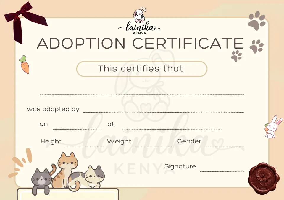Lainika adoption certificate with spaces for the resident and adopter details